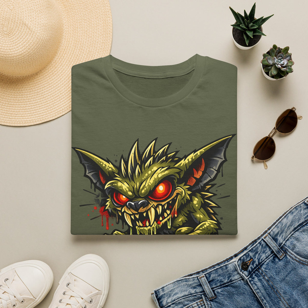 Olive green unisex crewneck T-shirt, snarling skull graphic with red glowing eyes