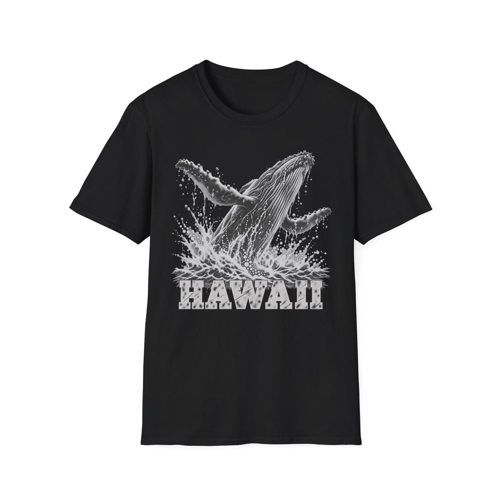 Black crewneck T-shirt with white breaching humpback whale and “HAWAII” graphic
