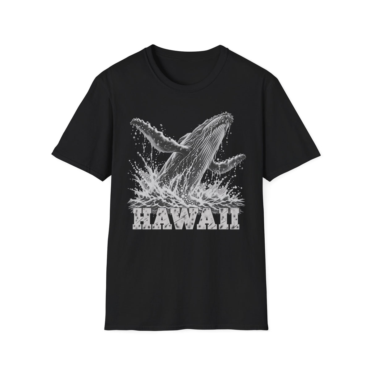 Black crewneck T-shirt with white breaching humpback whale and “HAWAII” graphic