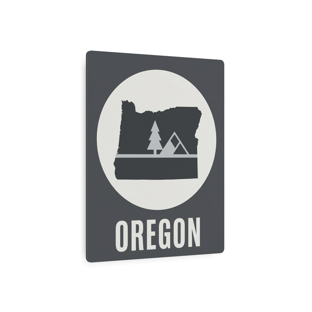 Rustic Oregon metal wall sign, dark gray square with white circle, trees and tent graphic