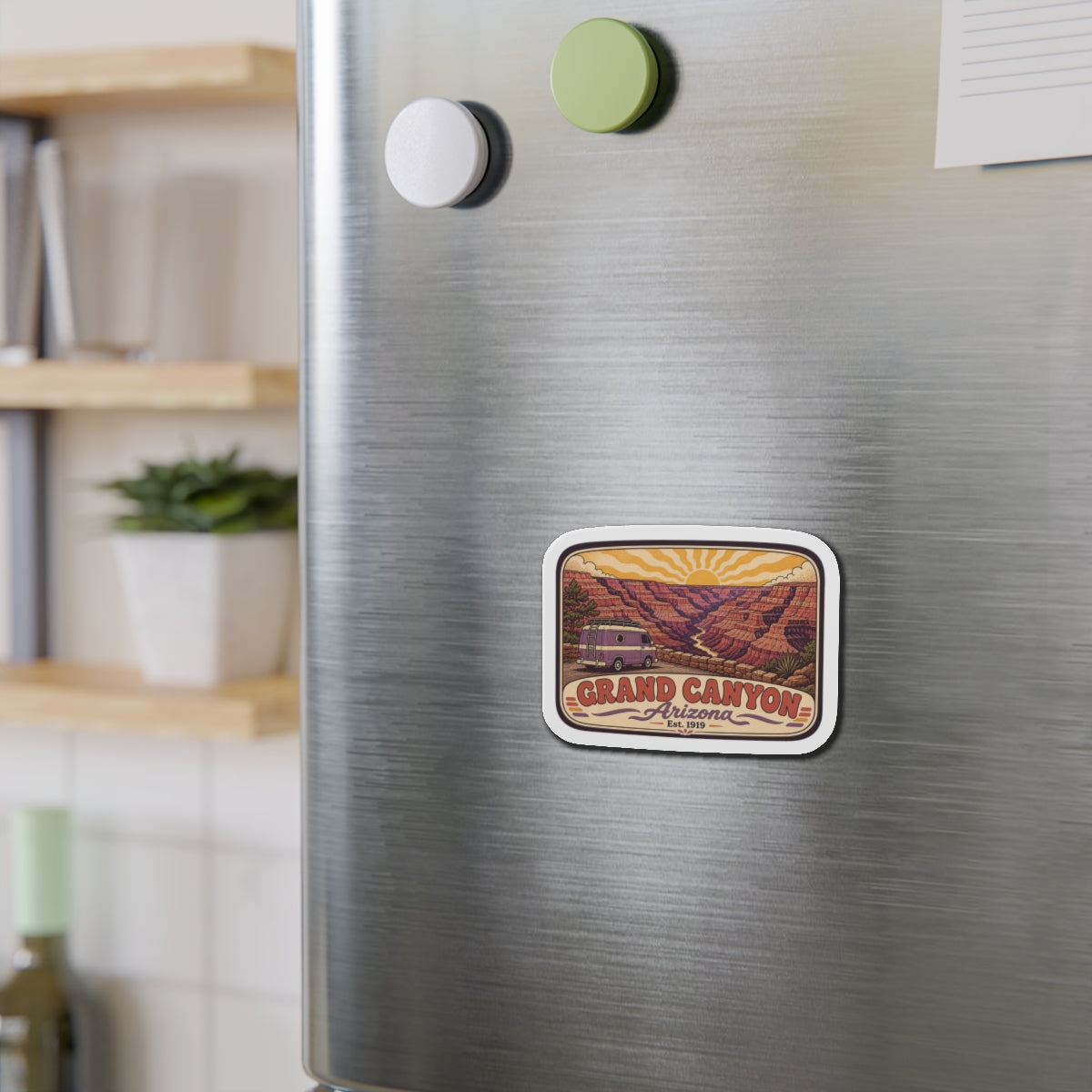 Die-cut Grand Canyon Arizona magnet attached to stainless steel refrigerator with Est. 1919