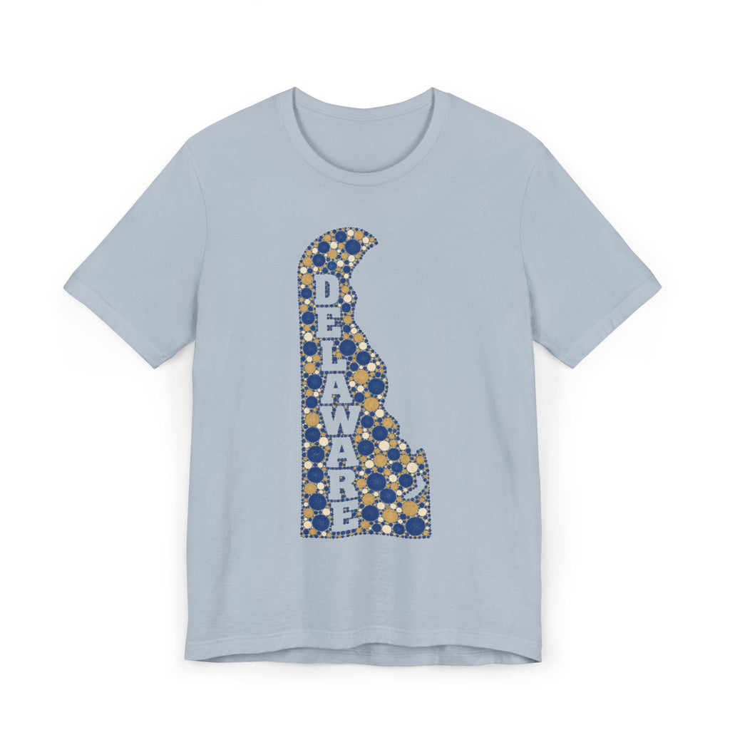 Light blue T-shirt with blue-and-gold Delaware map alphabet graphic on the front