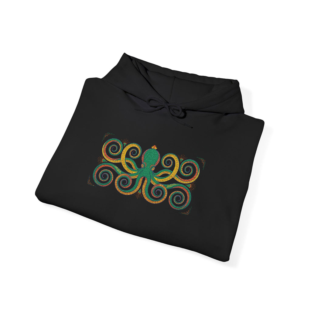 Black octopus spiral art hoodie with multicolor swirl octopus graphic on front
