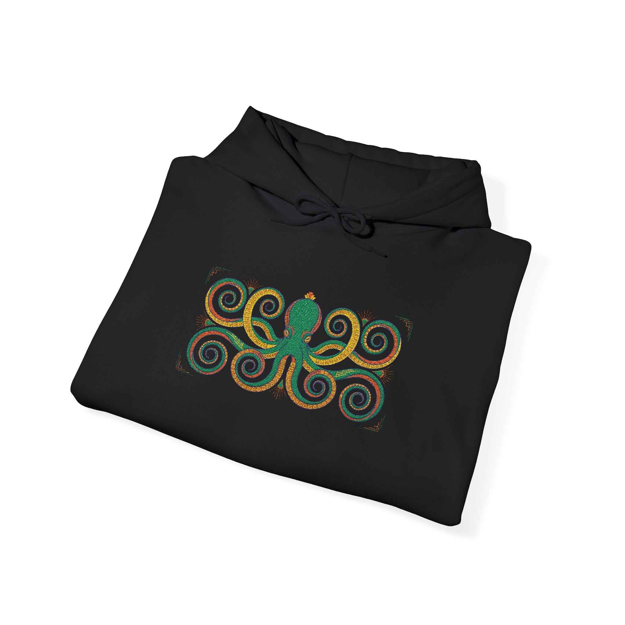 Black octopus spiral art hoodie with multicolor swirl octopus graphic on front