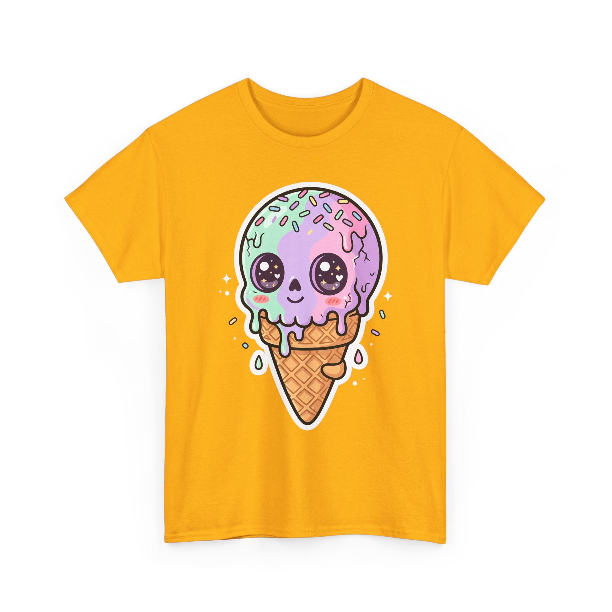Gold/yellow t-shirt with kawaii melting ice cream cone face graphic, front