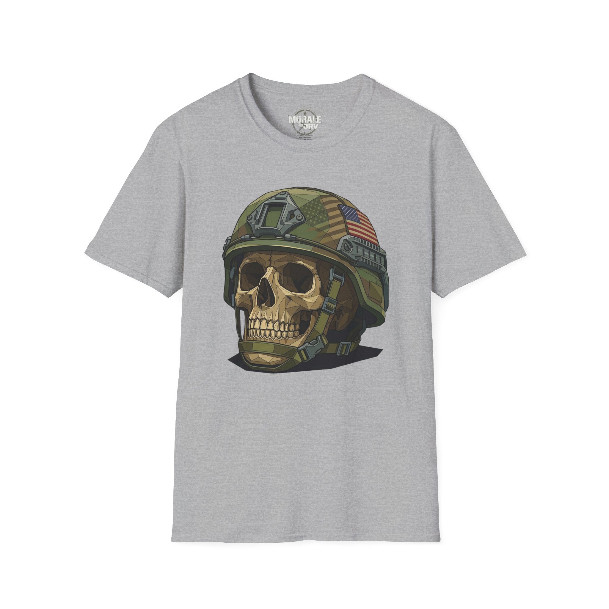 Sport grey T-shirt with camo military helmet skull and American flag patch graphic