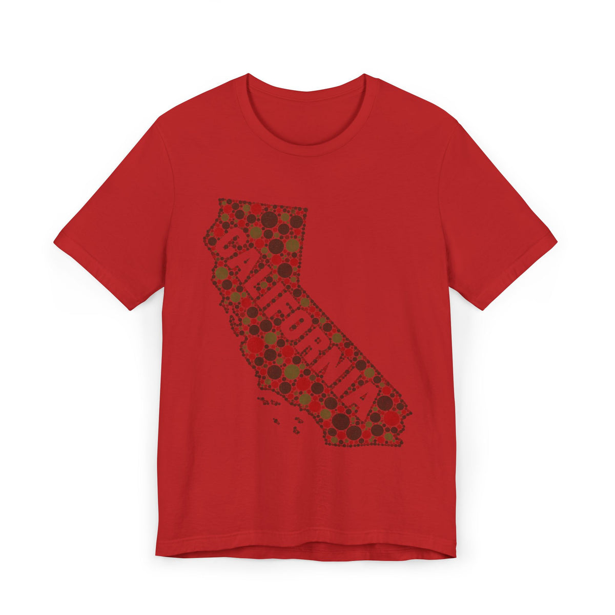 Red short-sleeve T-shirt with red floral dot California outline graphic