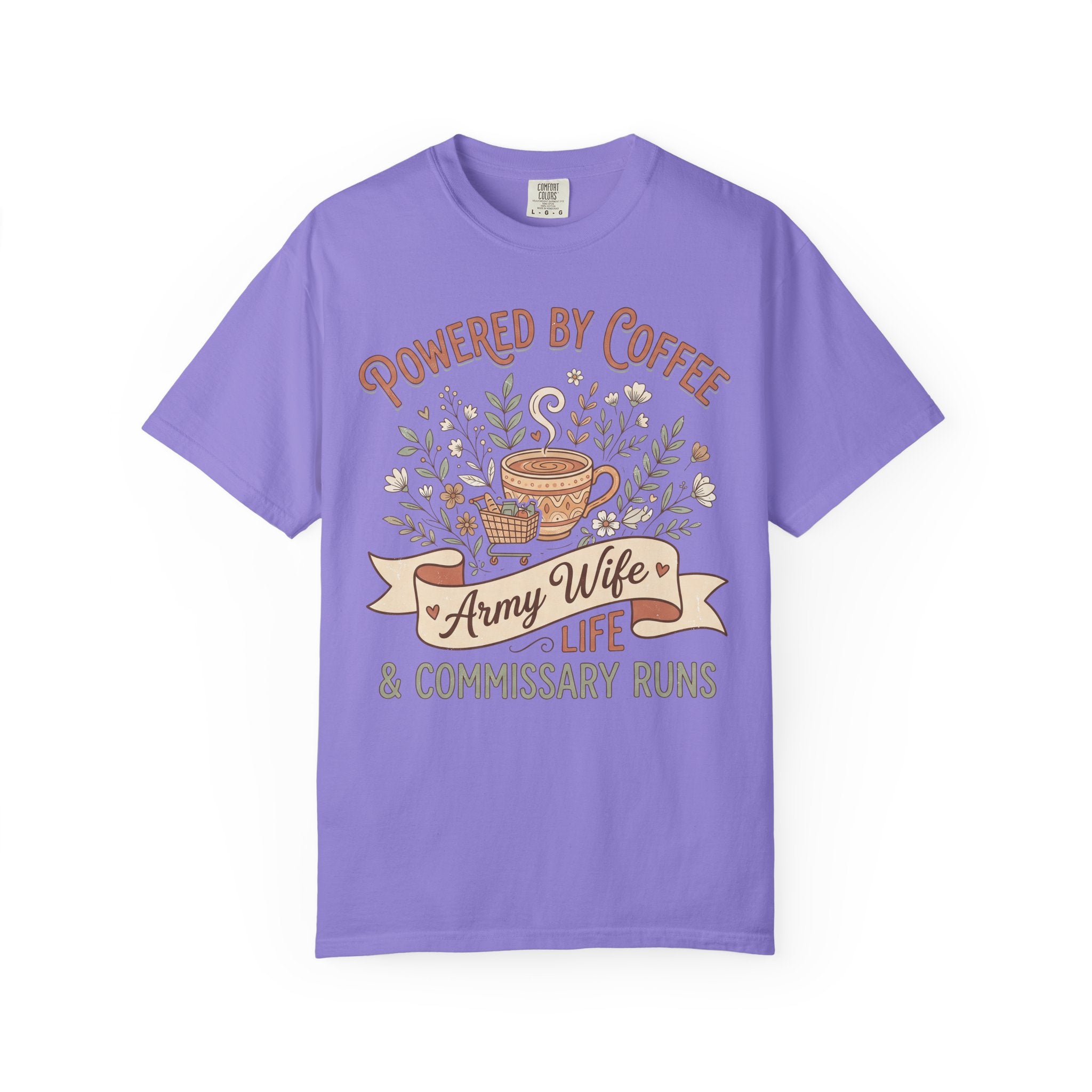 Purple crewneck T-shirt with “Powered by Coffee” and coffee-life graphic in center