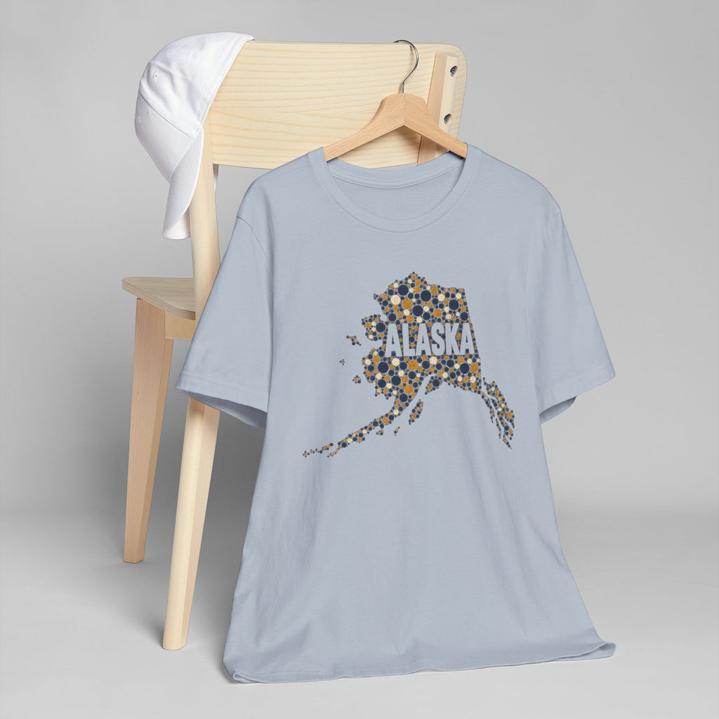 Light blue crew-neck T-shirt with dotted Alaska state graphic on the front