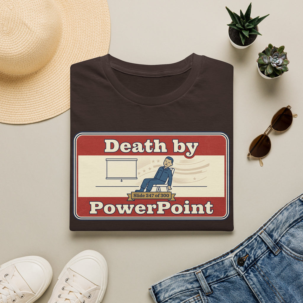 Dark T-shirt with 'Death by PowerPoint' presentation graphic, crew neck.