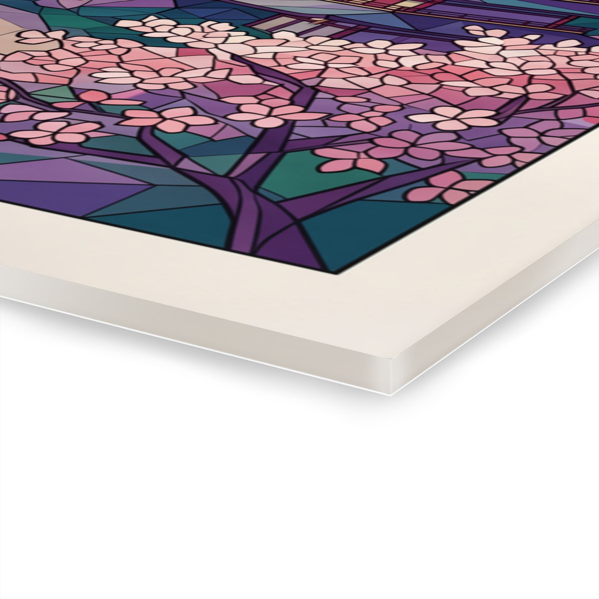 Close-up acrylic print of cherry blossom cluster on dark geometric tree branches