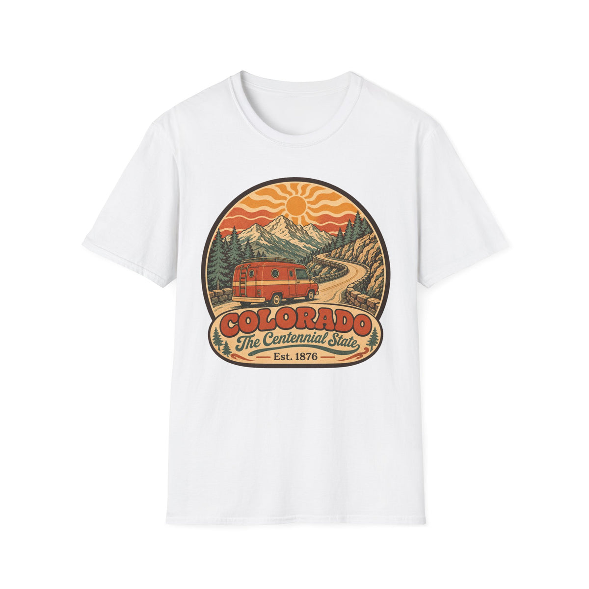 White unisex T-shirt, front view, Colorado vintage road and mountain sunset graphic