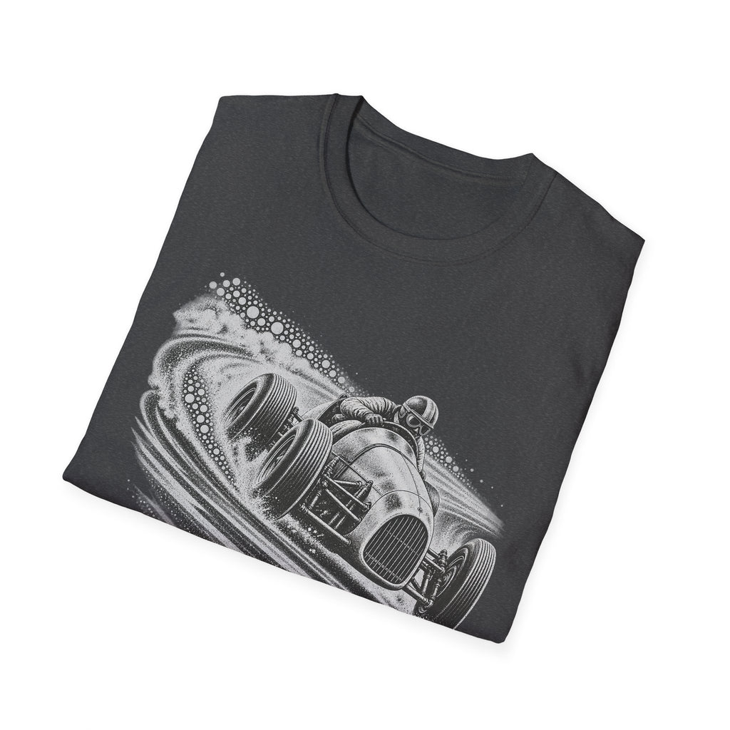 Dark t-shirt with vintage open-wheel race car graphic on the front