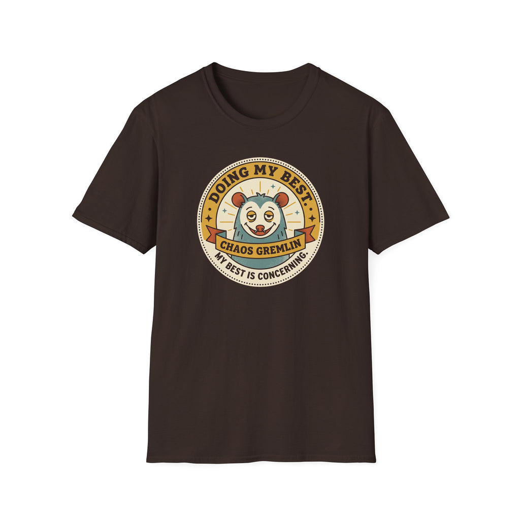 Dark brown Chaos Gremlin graphic T-shirt with circular mascot logo on front