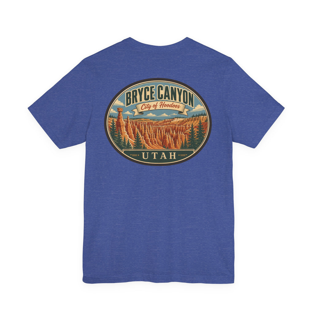 Blue crewneck T-shirt with large circular Bryce Canyon City of Hoodoo graphic on back