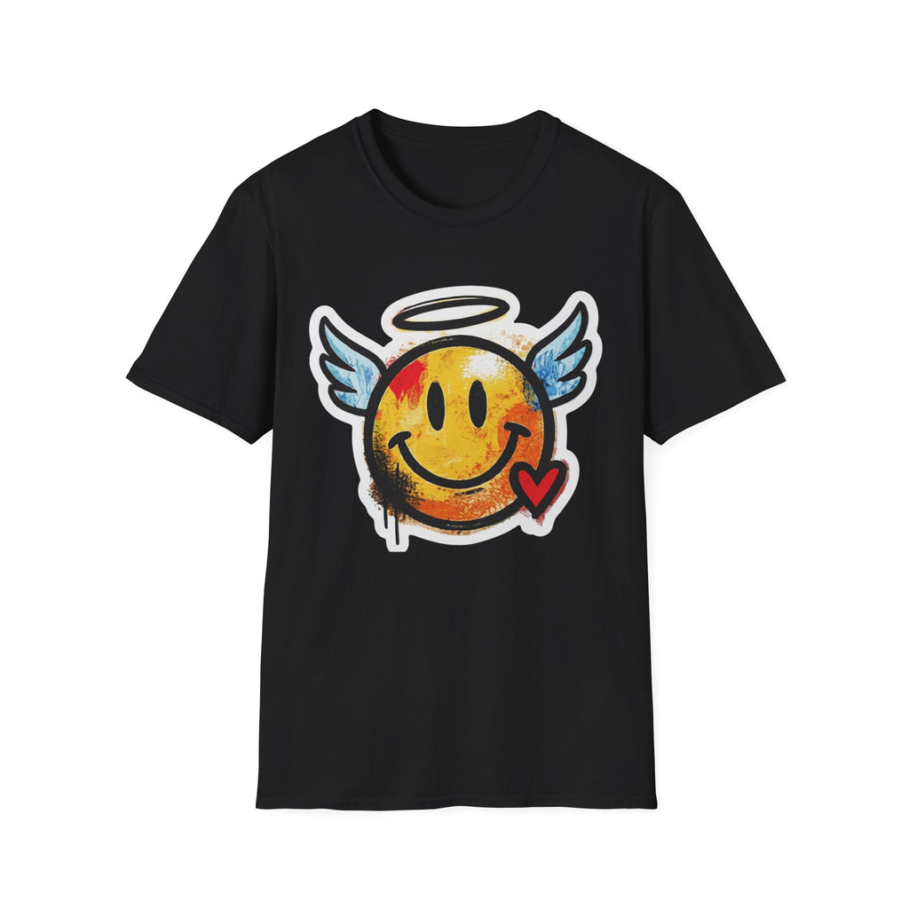 Graffiti Angel Smiley T-Shirt in black with front angel smiley graphic