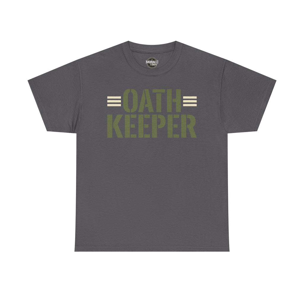 Charcoal gray T-shirt with crew neck and large "OATH KEEPER" front graphic print
