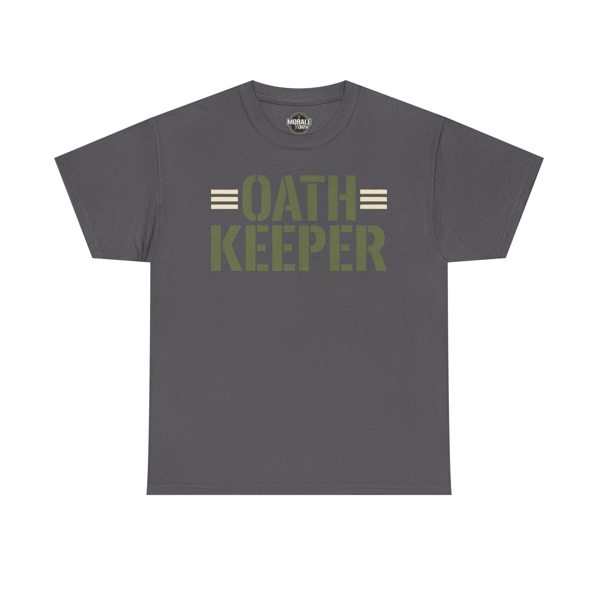 Charcoal gray T-shirt with crew neck and large "OATH KEEPER" front graphic print