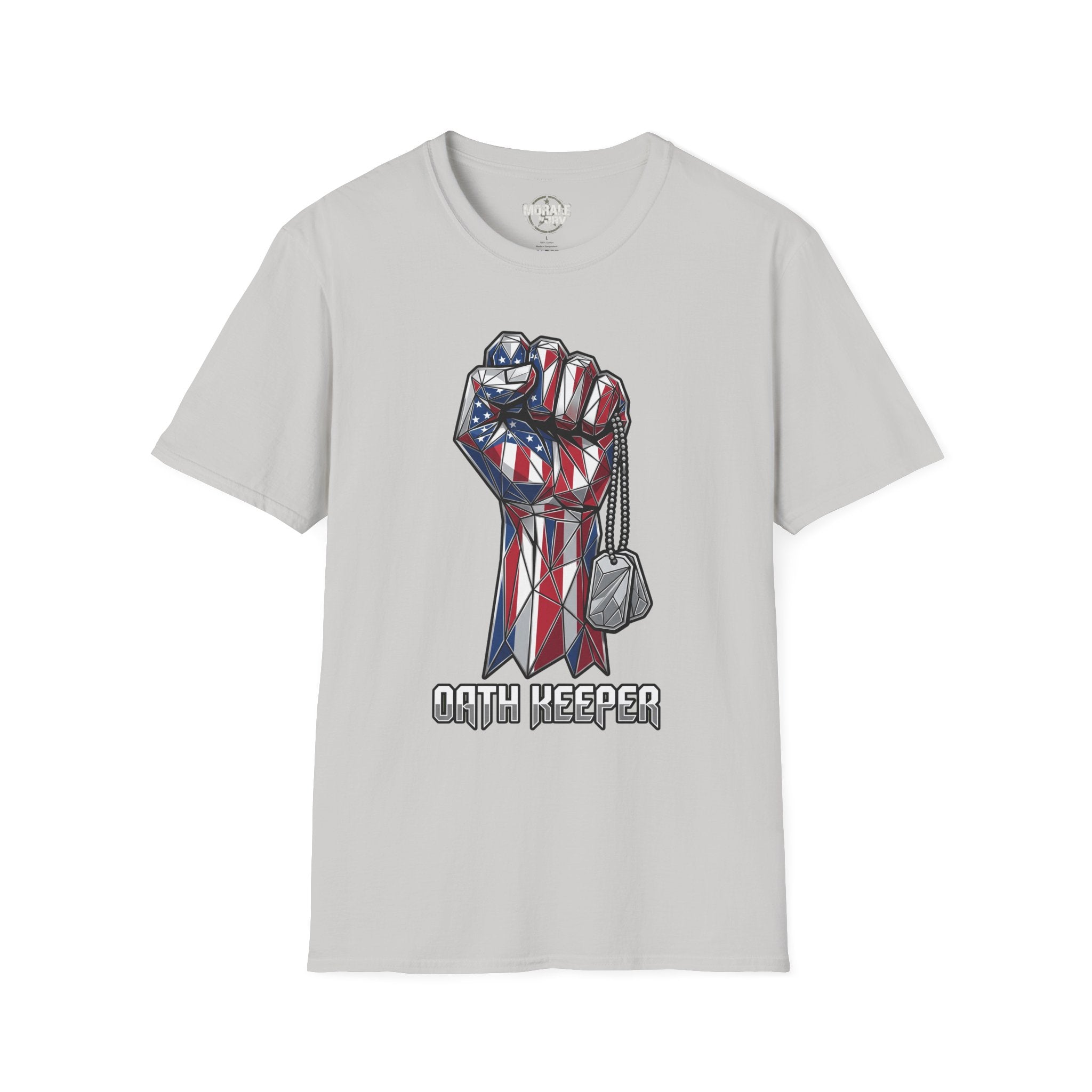 Patriotic Fist T-Shirt, off-white with American flag fist and dog tags graphic