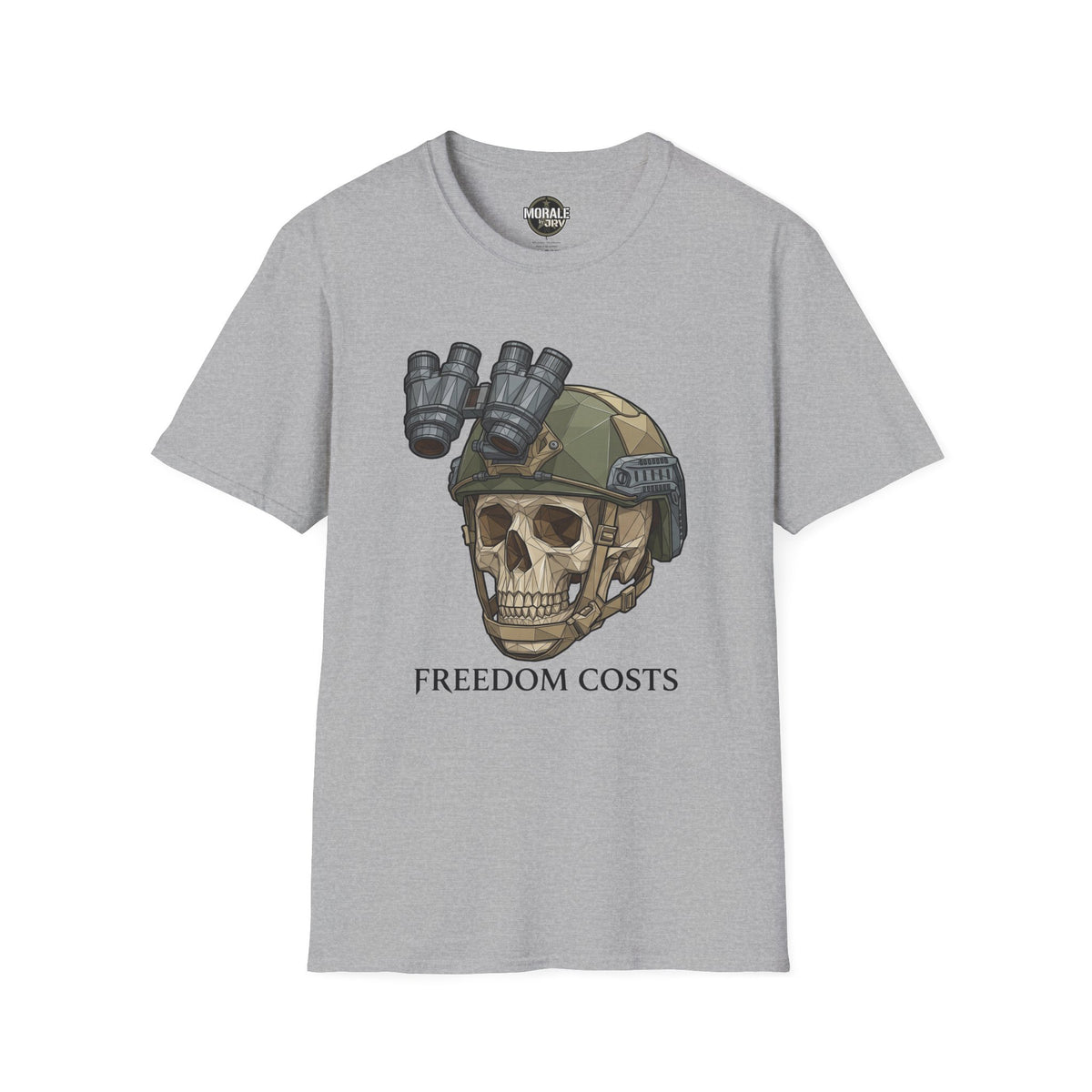 Light gray crewneck T-shirt with skull in night-vision helmet graphic and “FREEDOM COSTS”