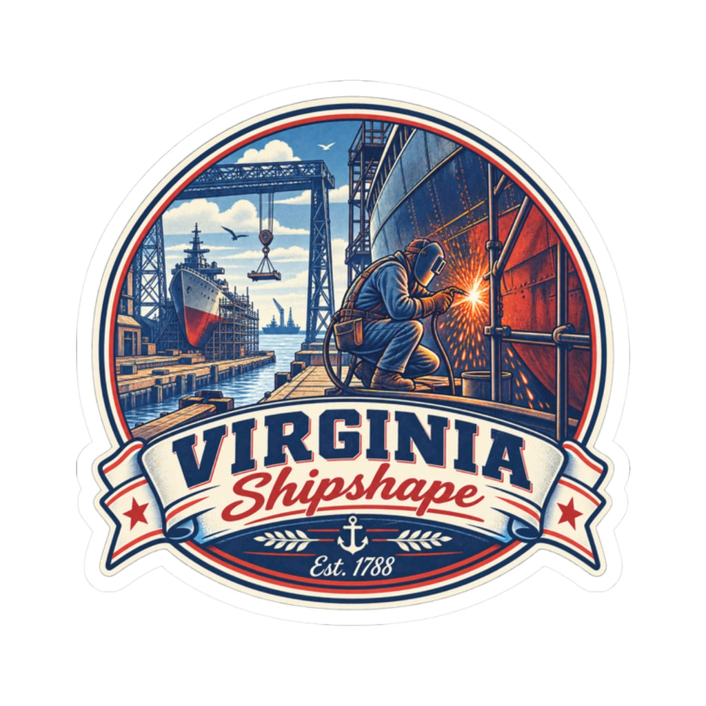 Virginia Shipshape sticker showing welder sparks and ship in industrial yard