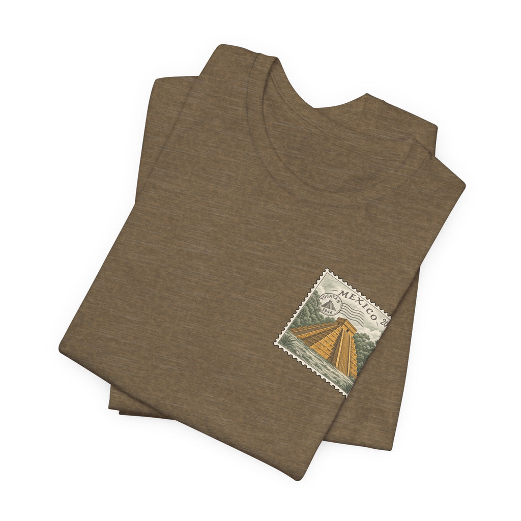 Travel t-shirt, dark brown, folded set with Mexico stamp-style pyramid graphic