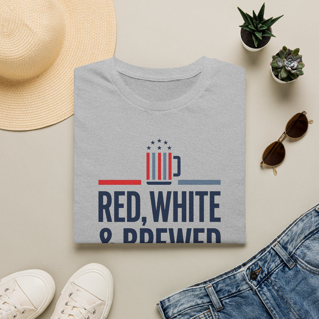 Gray T-shirt with patriotic graphic and text RED, WHITE & BREWED