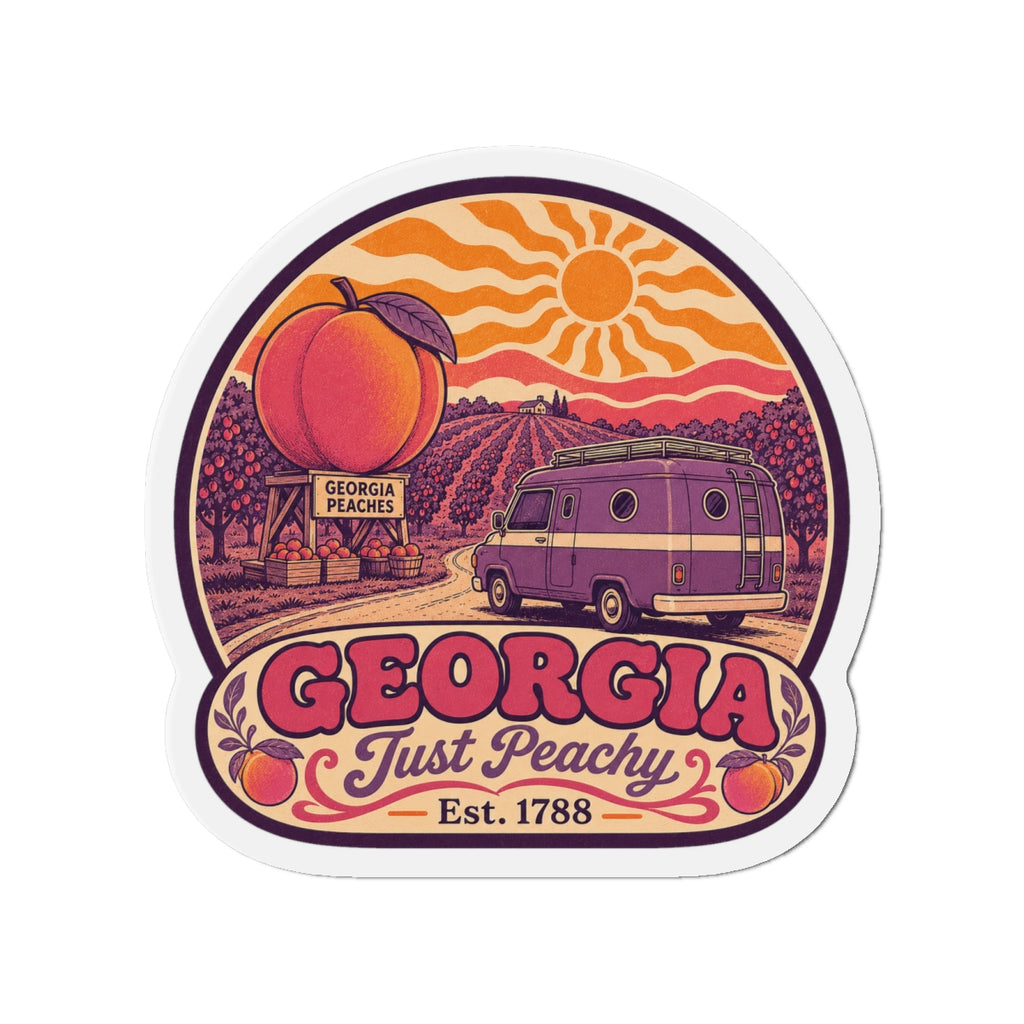Die-cut magnet showing retro landscape artwork, peach graphic, 'GEORGIA' and 'Just Peachy'