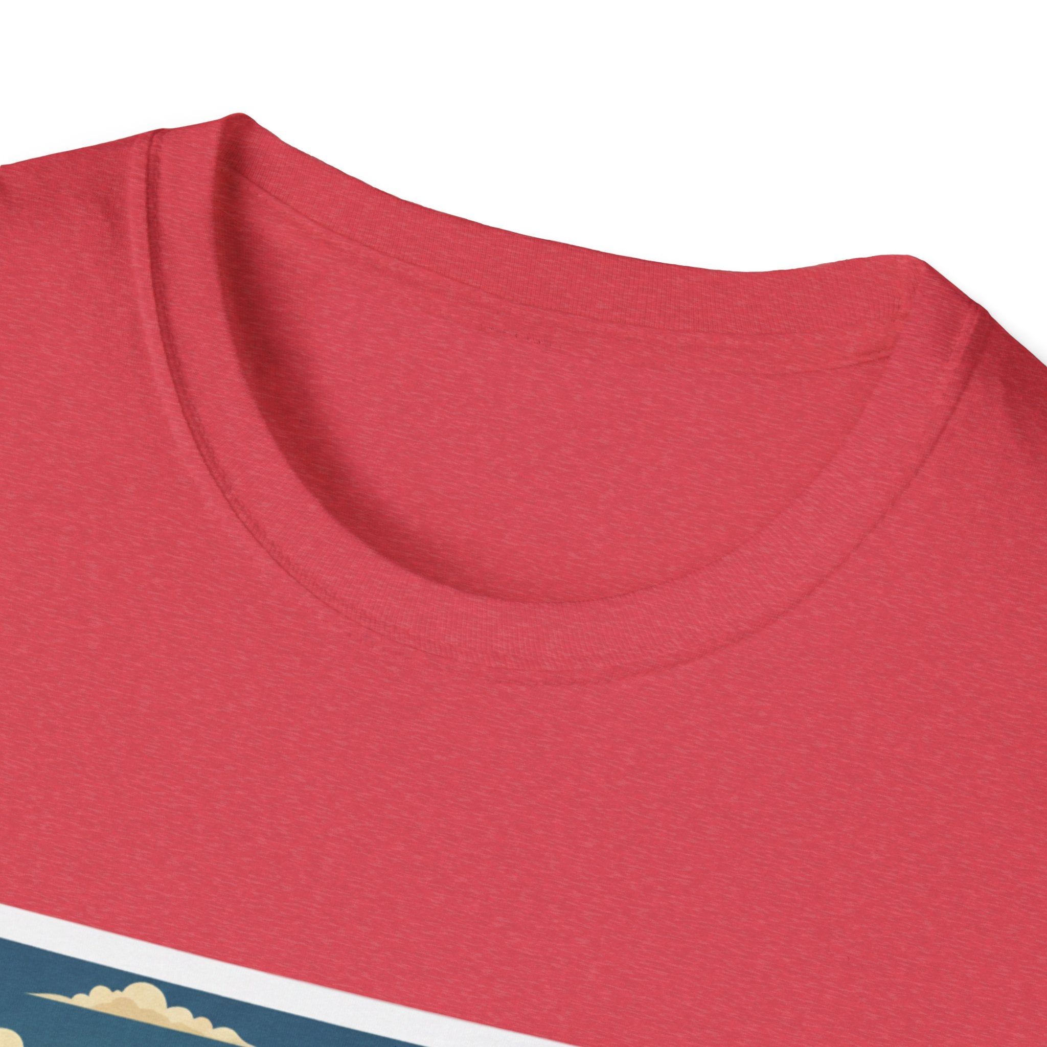 Heather red T-shirt neckline, partial prairie graphic border