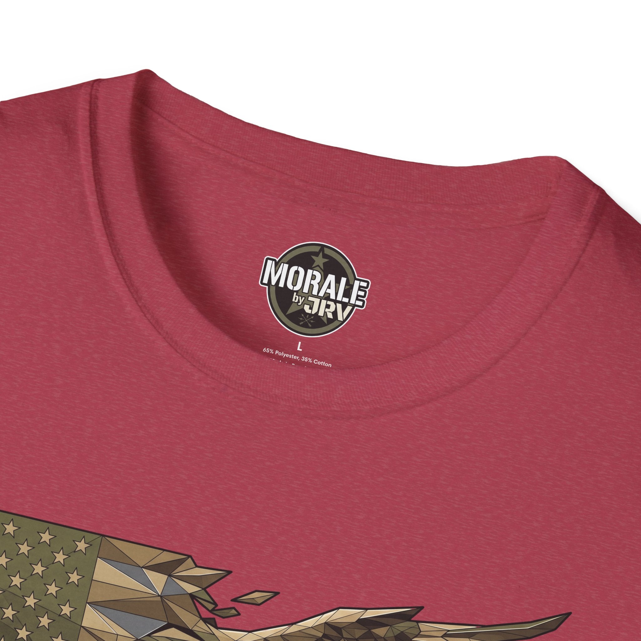 Maroon crewneck T-shirt with Morale by JRV logo at neckline