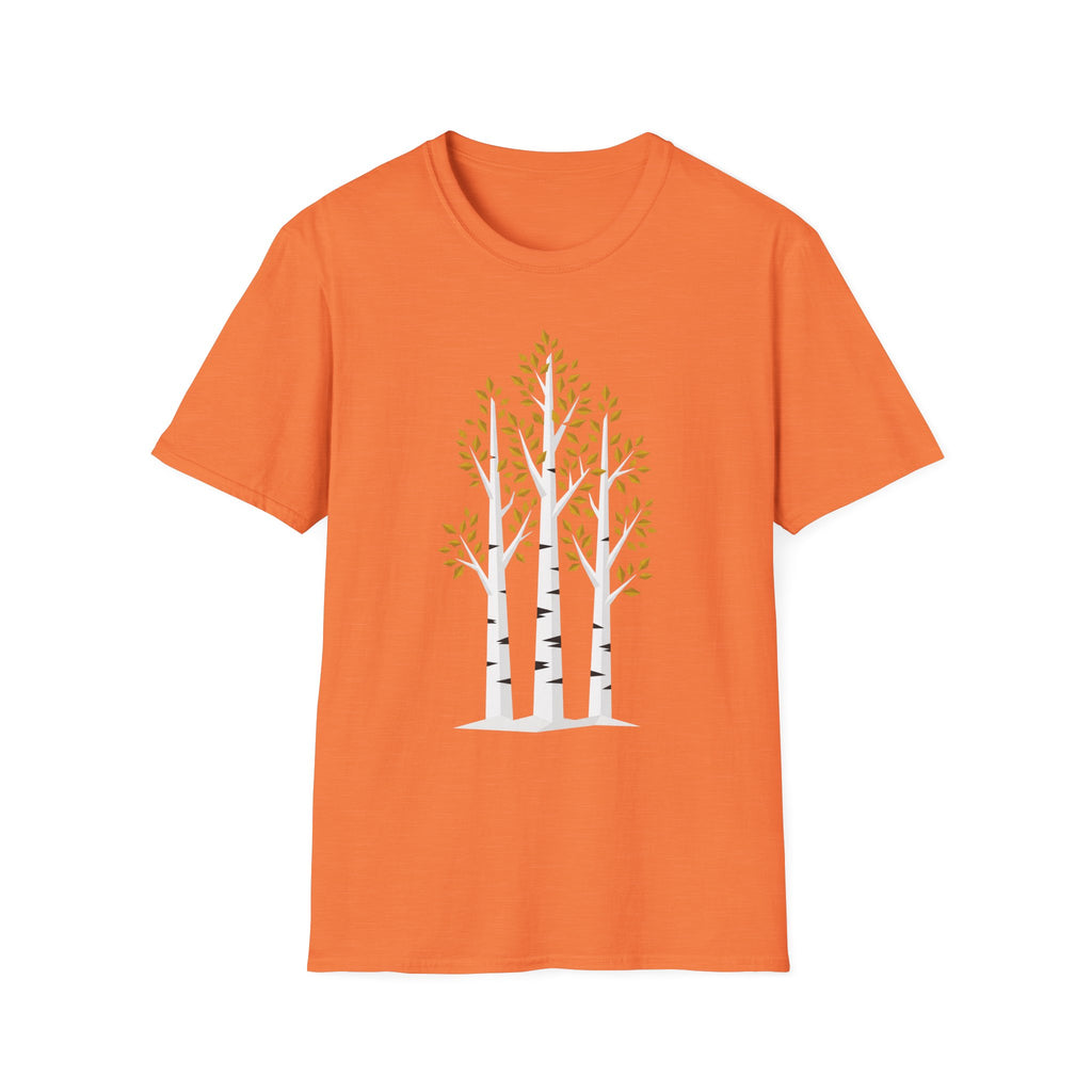Orange T-shirt with minimalist birch tree graphic and autumn leaves, short sleeve crew neck