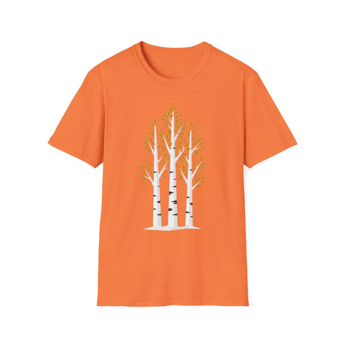 Orange T-shirt with minimalist birch tree graphic and autumn leaves, short sleeve crew neck