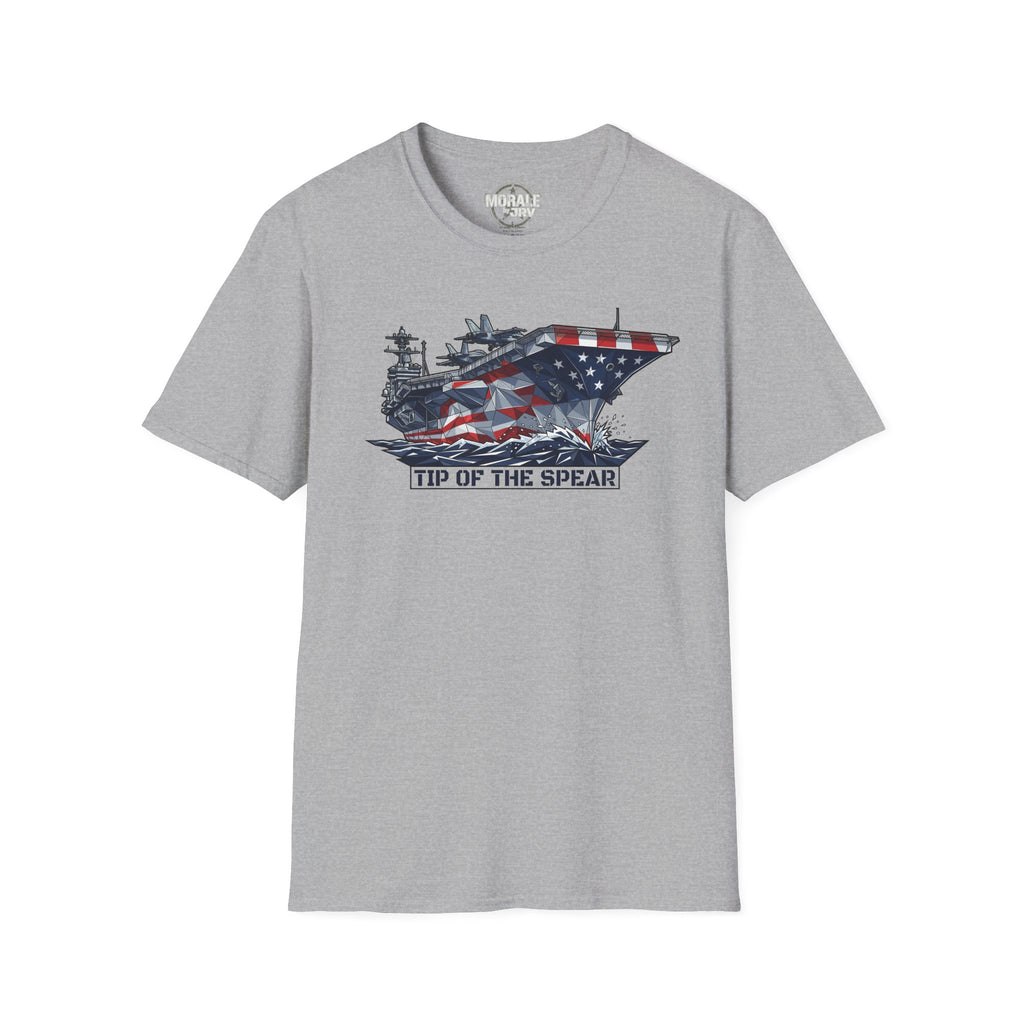 Sport Grey T-Shirt mit „Tip of the Spear“-Grafik: Flugzeugträger mit US-Flagge