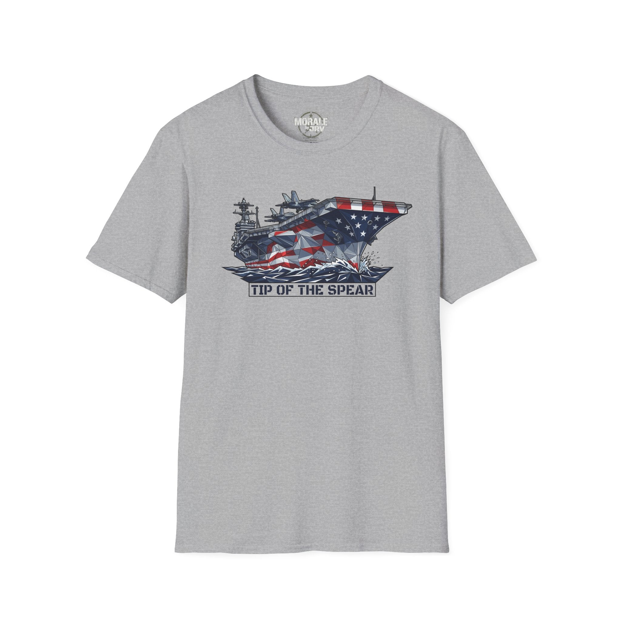 Sport Grey T-Shirt mit „Tip of the Spear“-Grafik: Flugzeugträger mit US-Flagge