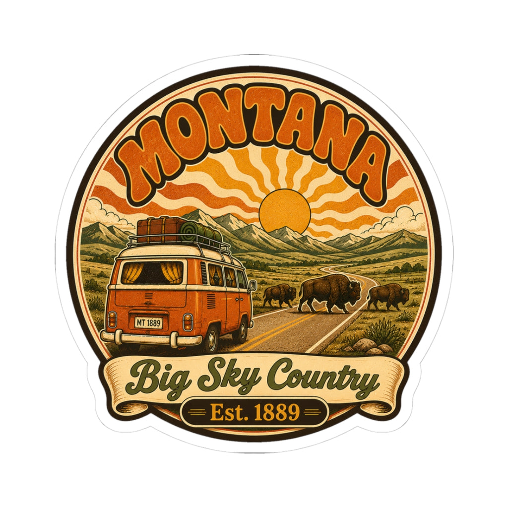 Round vintage sticker: orange camper, buffalo herd, retro sunset, 'Big Sky Country' text