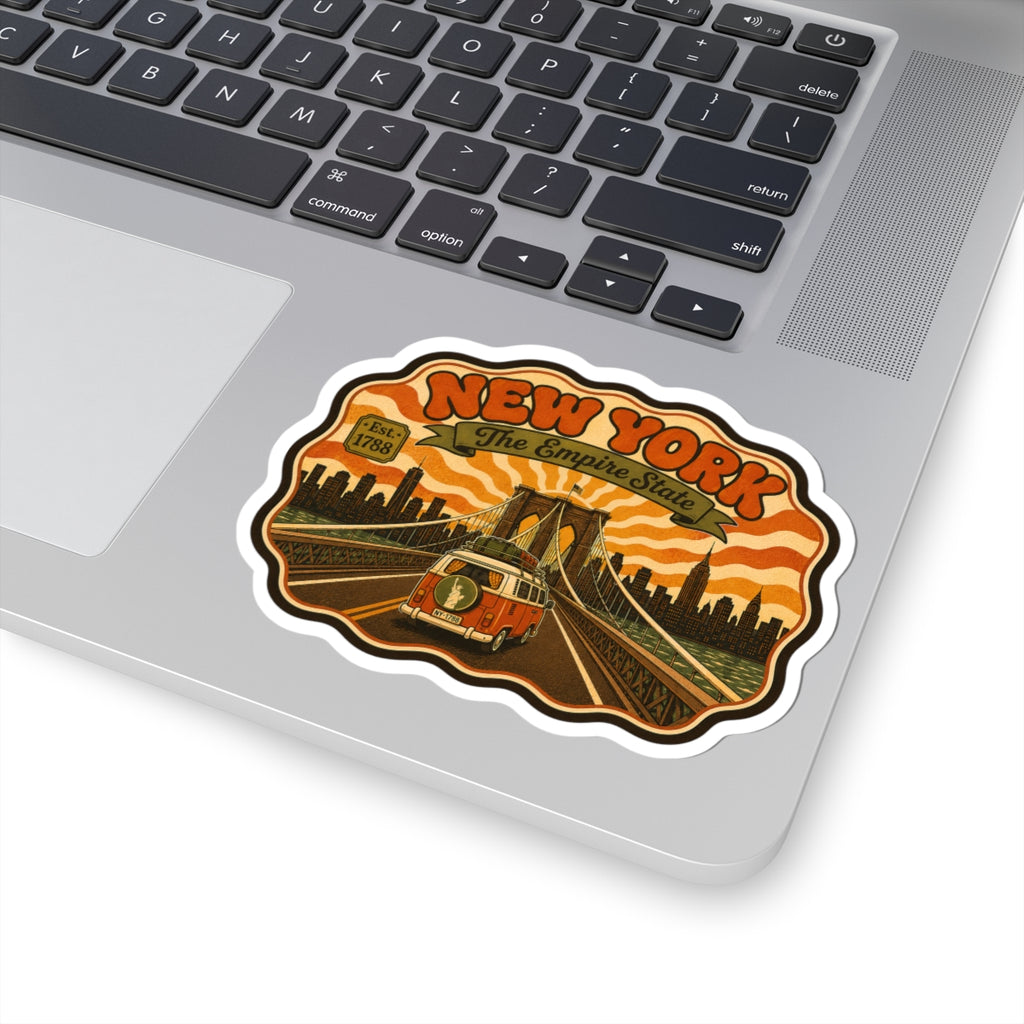 Kiss-cut vinyl sticker showing 'NEW YORK' text and vintage bridge with retro van illustration.