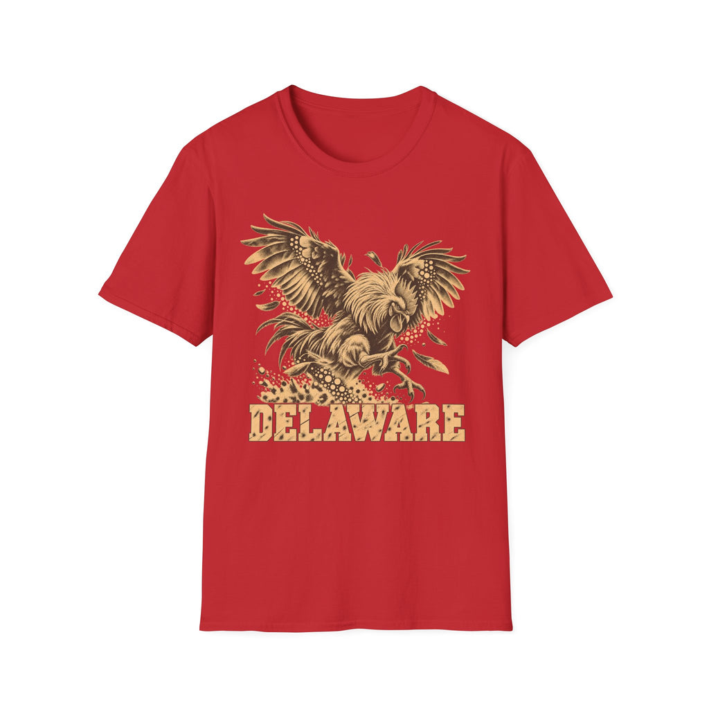 Red t-shirt with golden soaring eagle and DELAWARE front graphic