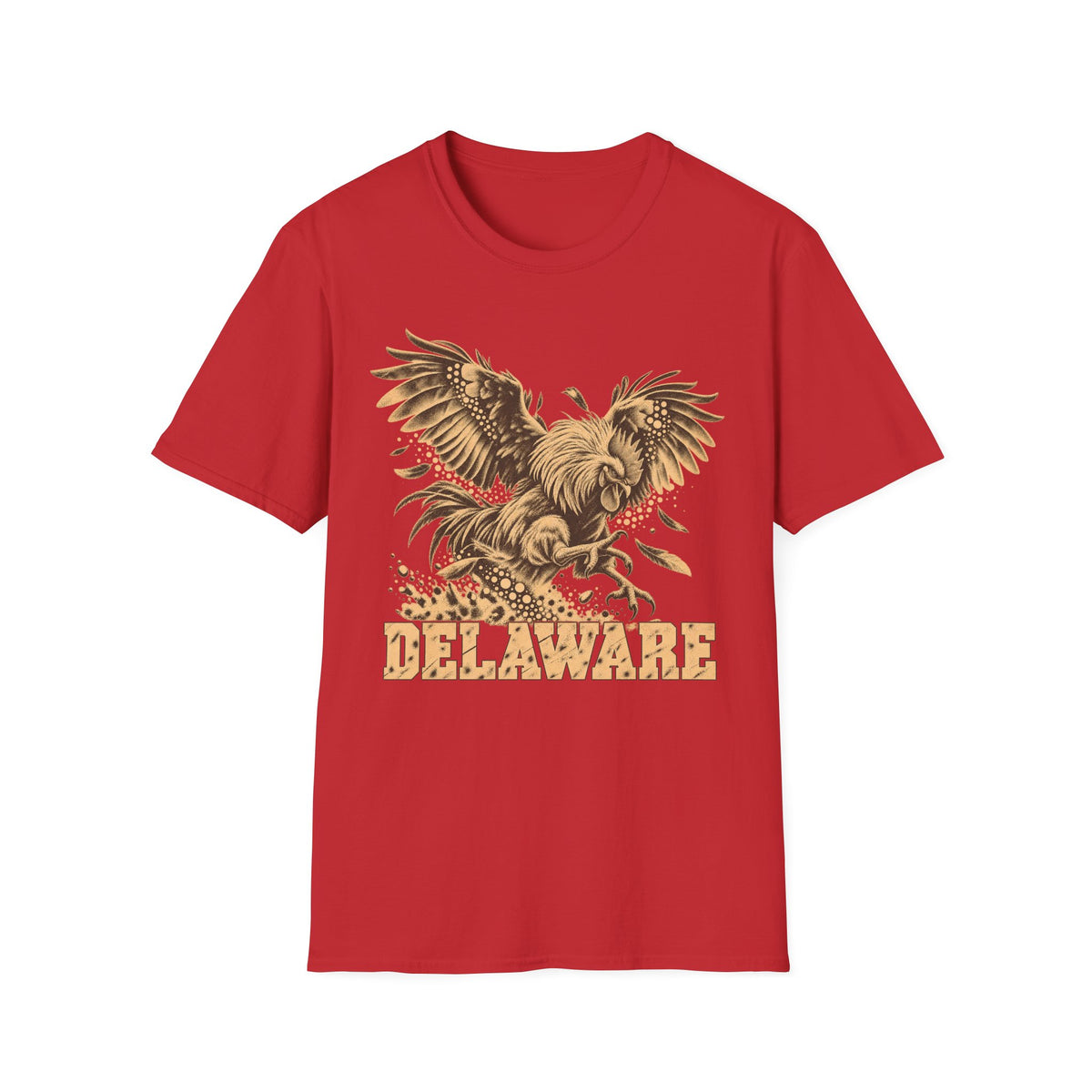 Red t-shirt with golden soaring eagle and DELAWARE front graphic