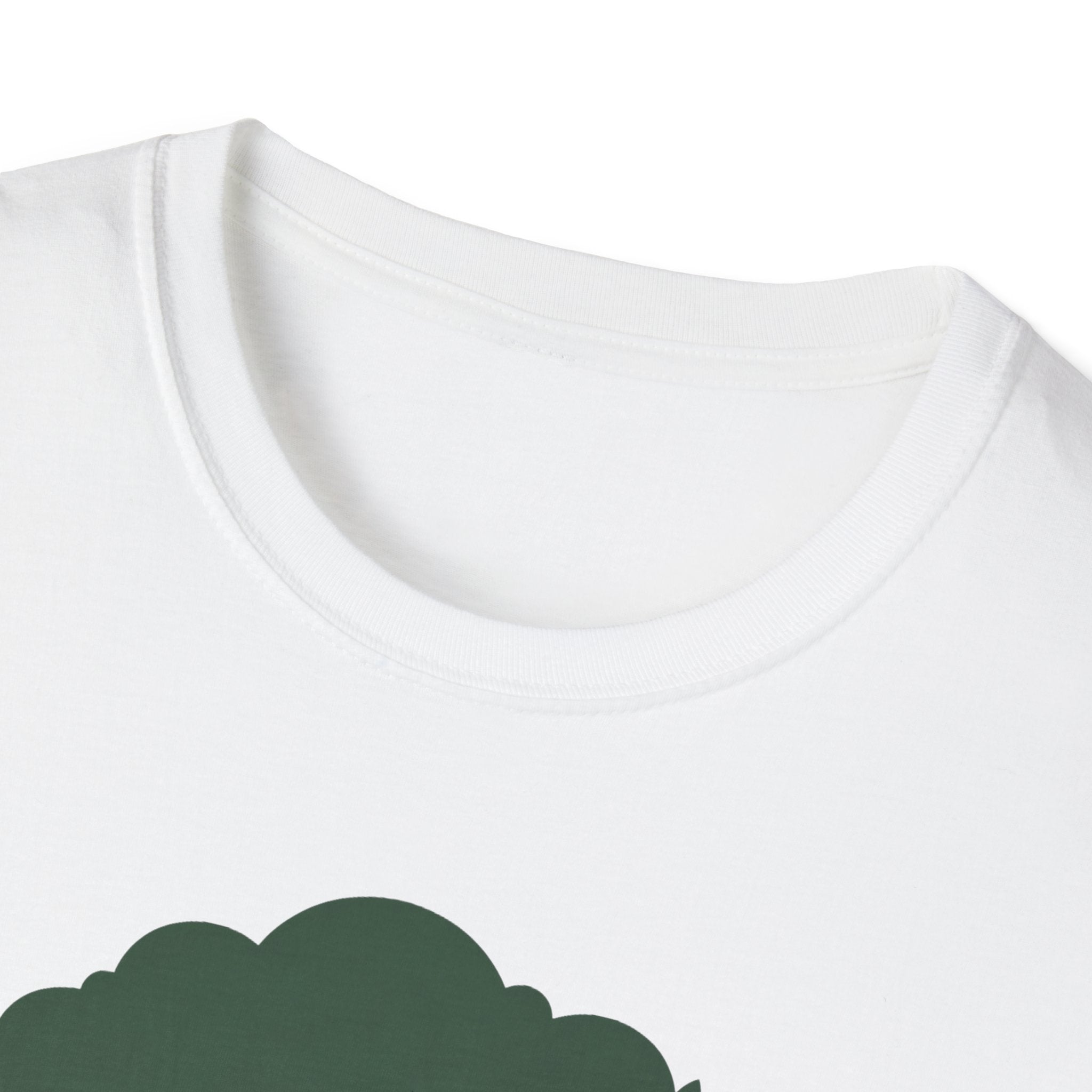 White T-shirt with green tree graphic, close-up of crew neck and upper design