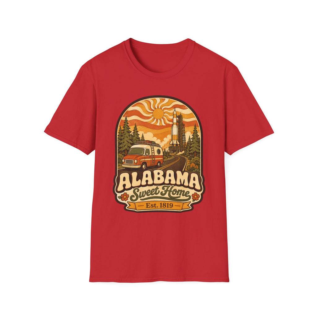 Unisex red T-shirt with Alabama Sweet Home vintage camper graphic
