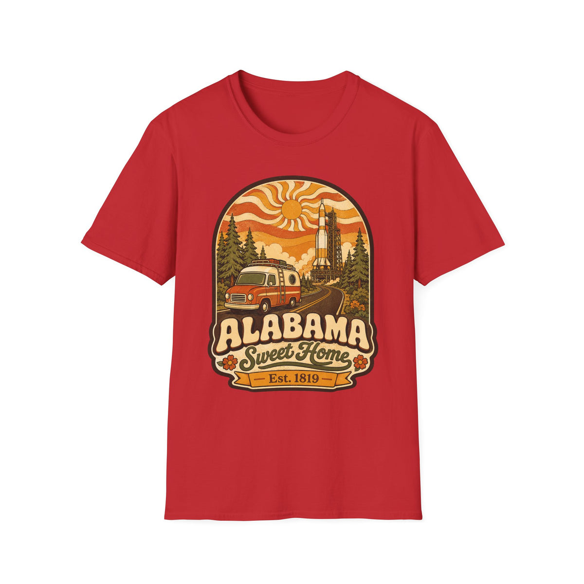 Unisex red T-shirt with Alabama Sweet Home vintage camper graphic