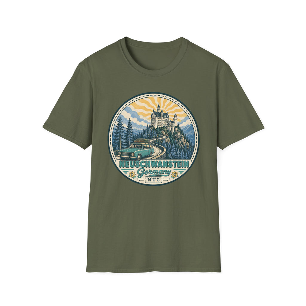 Olive green graphic T-shirt with circular Neuschwanstein castle illustration on front