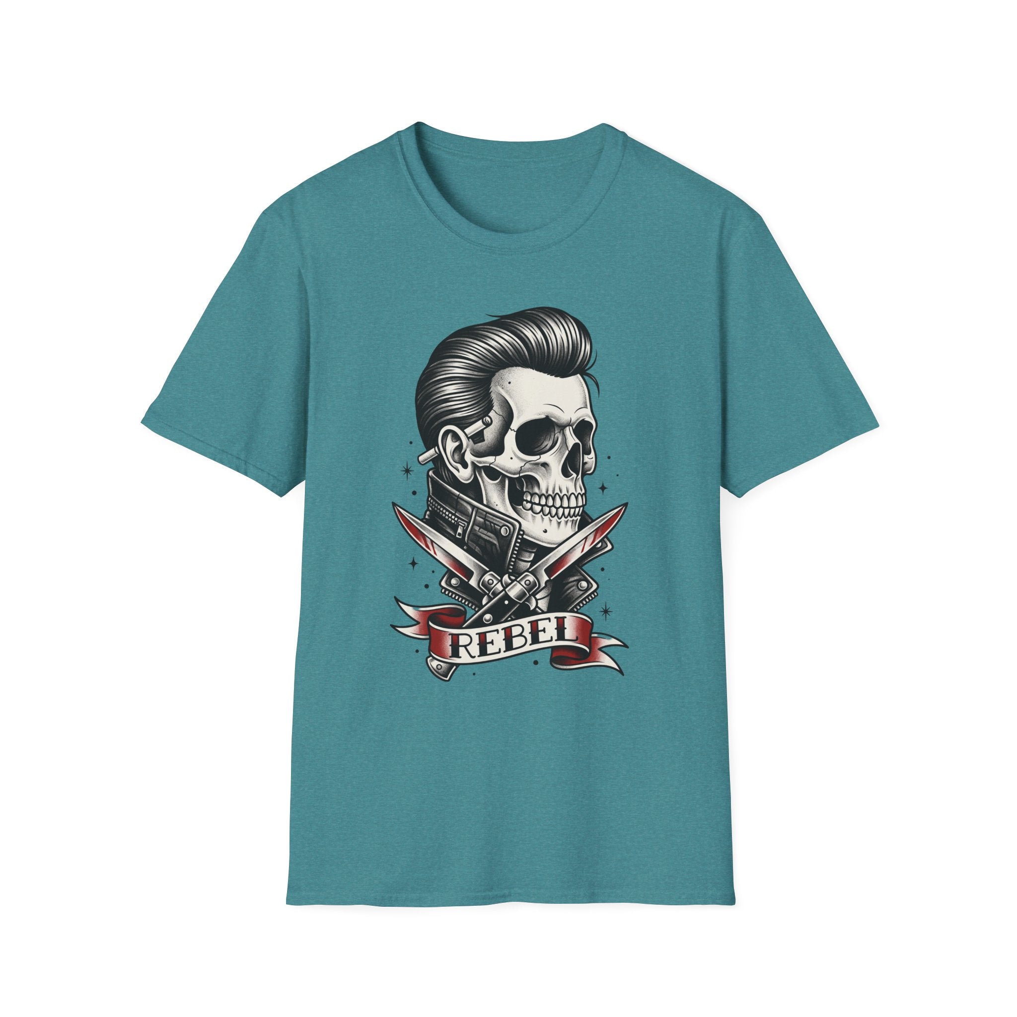 Rockabilly Rebel skeleton T-shirt, teal; pompadour skull with crossed razors graphic