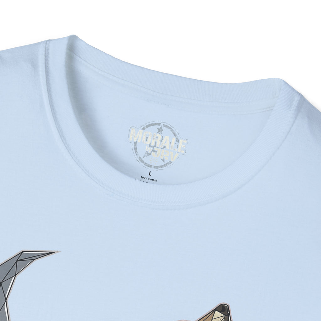 Light blue crewneck T-shirt, close-up of neckline and inner label