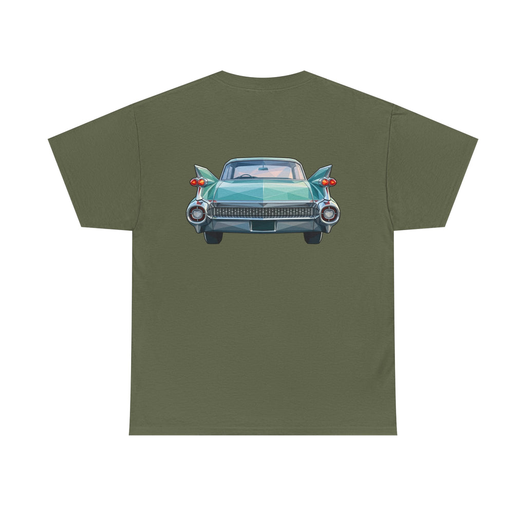 Olive green t-shirt with teal classic car front illustration