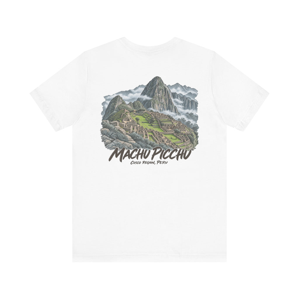 White Machu Picchu graphic T-shirt with mountain and terrace illustration on front