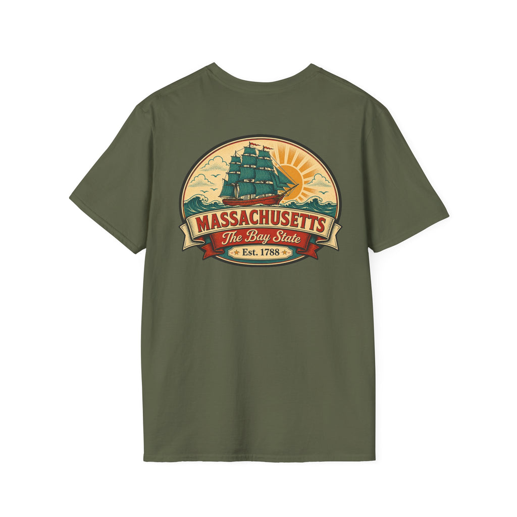 Olive green Massachusetts T-shirt with circular Bay State logo graphic on front