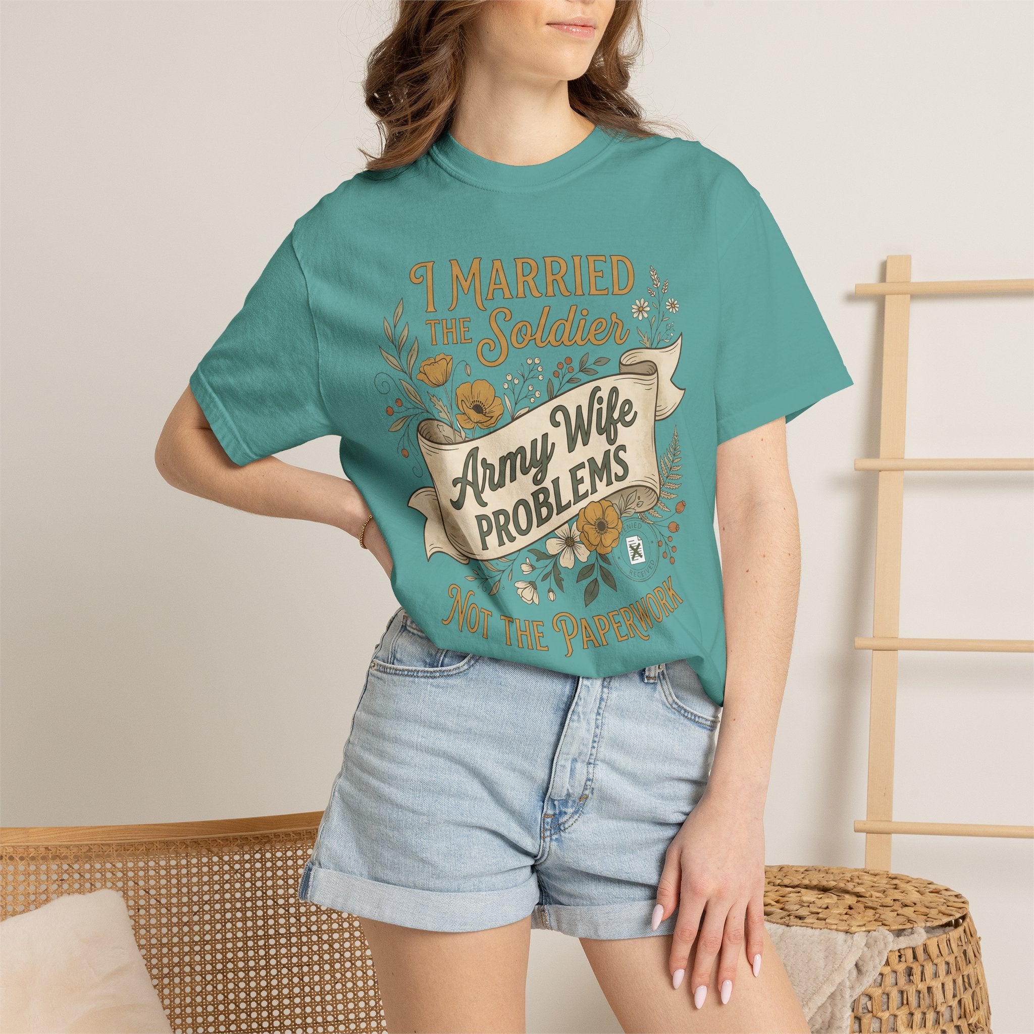 Teal crewneck T-shirt worn by woman, 'I Married the Soldier' Army Wife print