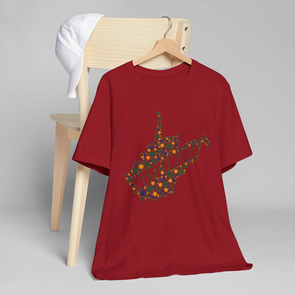 Red crew-neck T-shirt with multicolor dotted floral West Virginia outline graphic