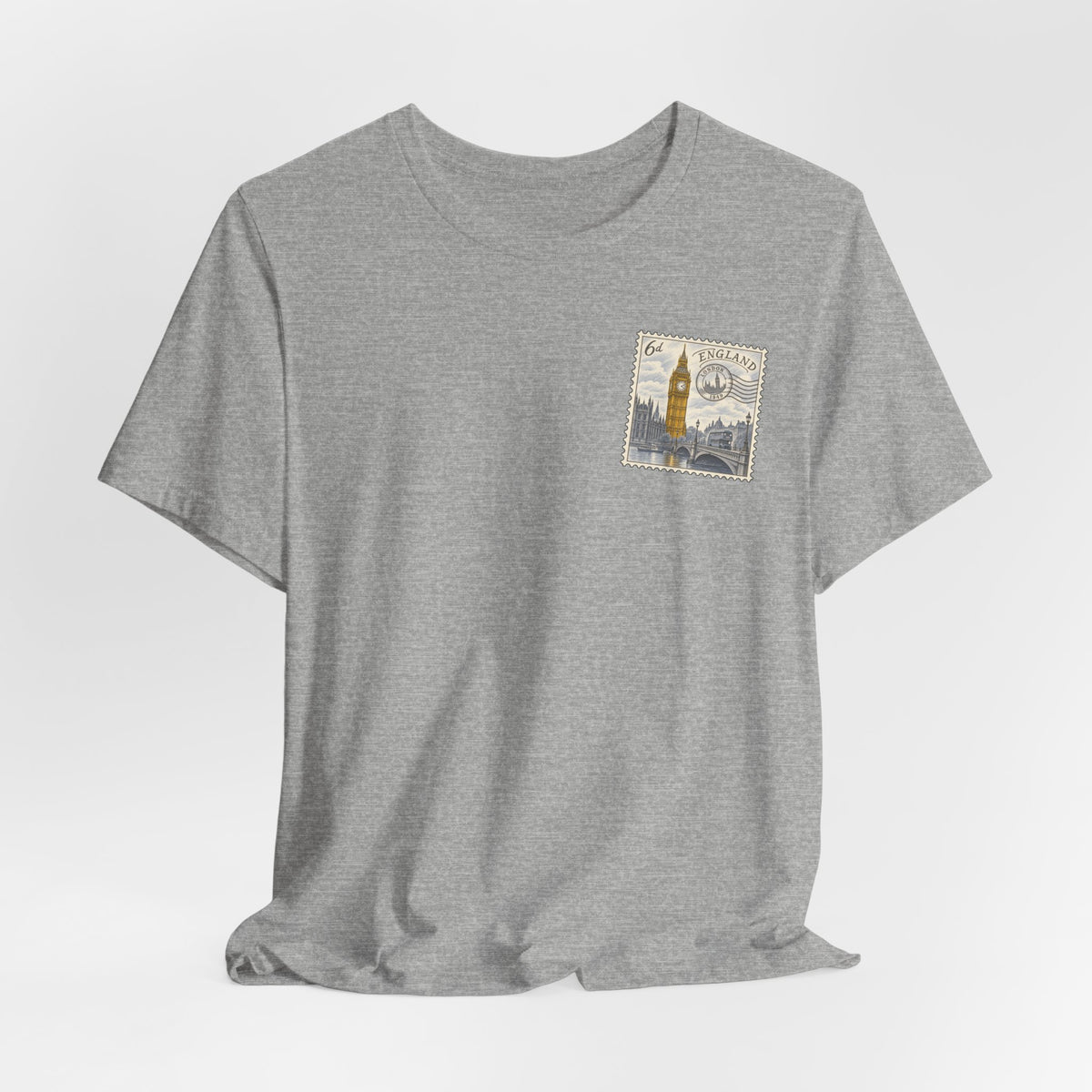 Heather gray travel T-shirt with small vintage postage stamp graphic on front